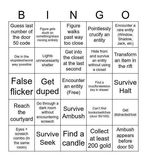 Roblox Doors Bingo Card