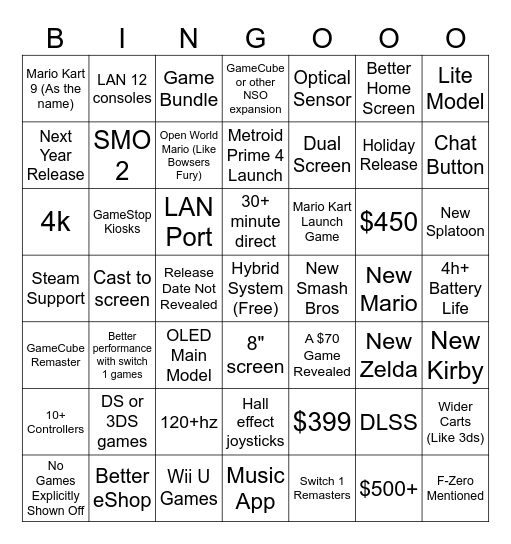 Switch 2 Bingo Card