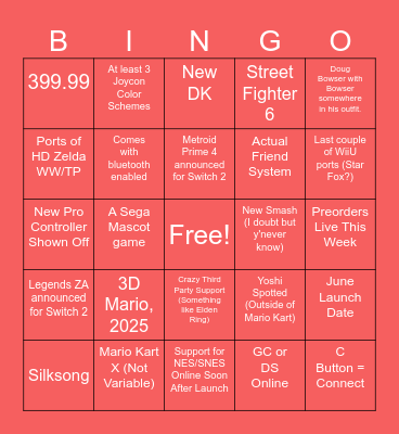 Nintendo Direct Bingo Card