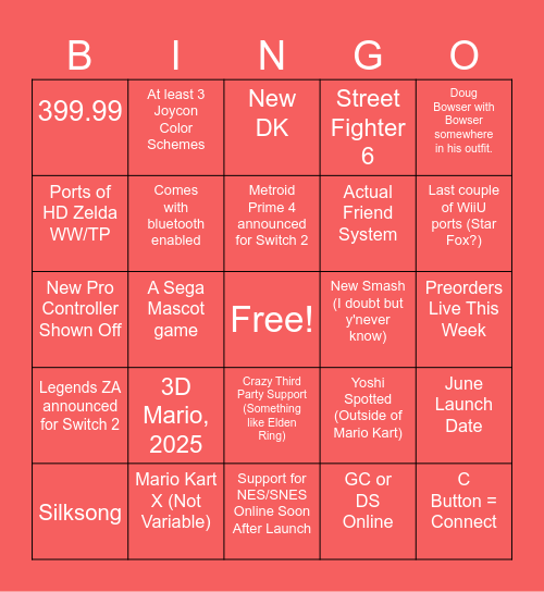Nintendo Direct Bingo Card