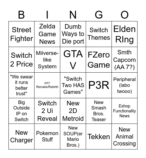 Nintendo Direct Bingo! Bingo Card