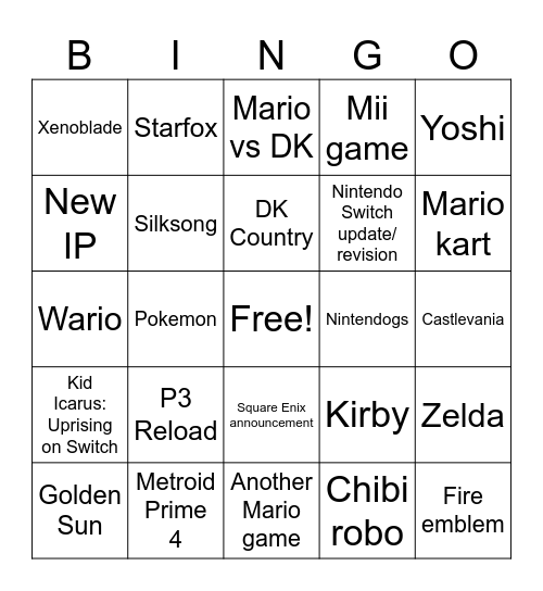 Nintendo Direct 6.21.2023 Bingo Card