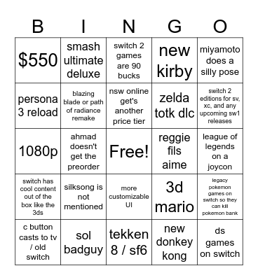 switch 2 bruh Bingo Card