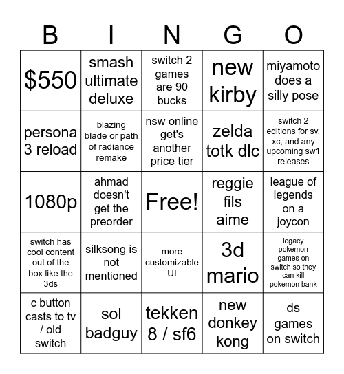 switch 2 bruh Bingo Card
