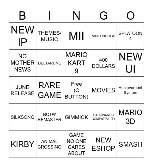 NINTENDO BINGO Card