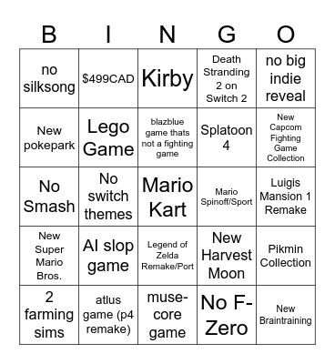 Nintendo Direct Bingo Card