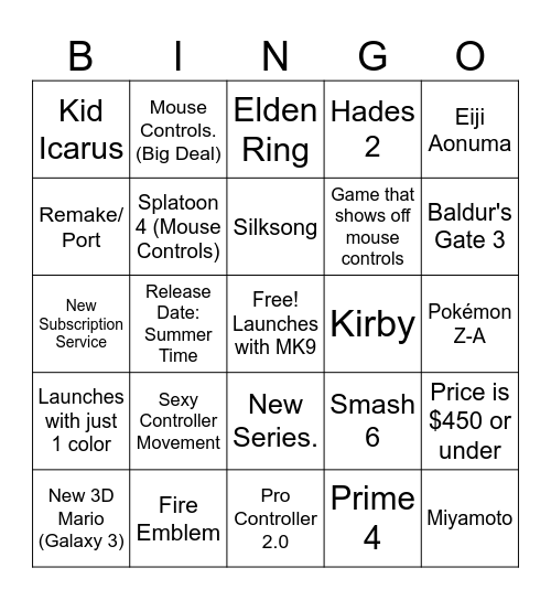 Switch 2 Bingo Card