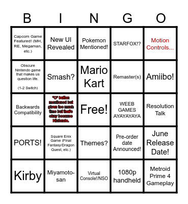 Nintendo Switch 2 Direct Bingo Card