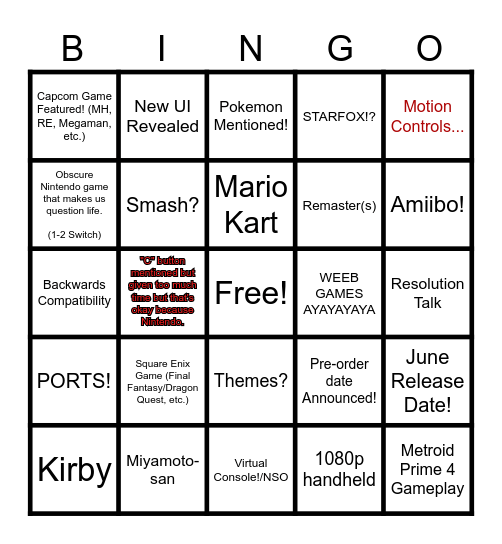 Nintendo Switch 2 Direct Bingo Card