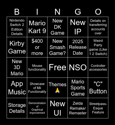 Nintendo Switch 2 Direct Bingo Card