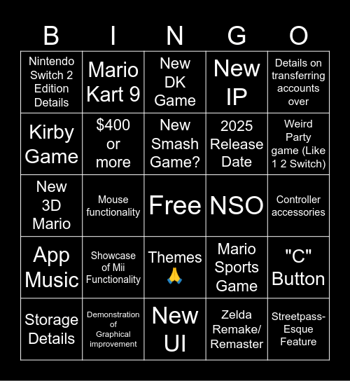 Nintendo Switch 2 Direct Bingo Card