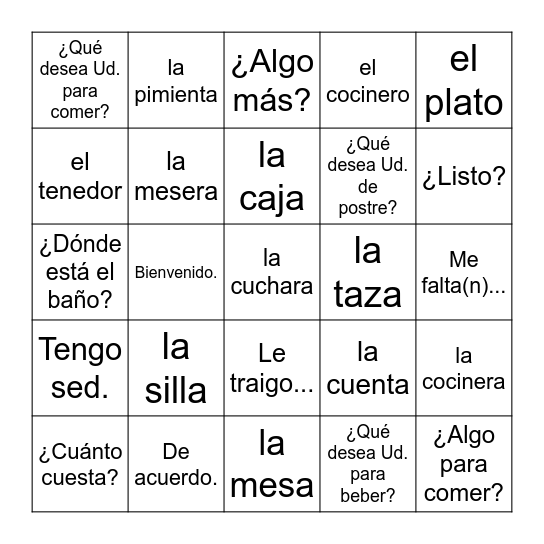 ¡Olé! - Restaurant Bingo Card