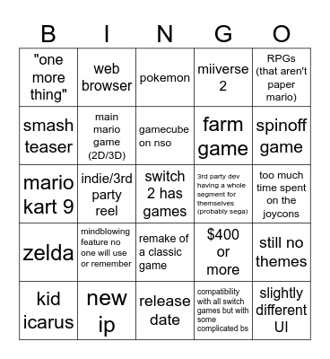Nintendo Switch Dos Bingo Card