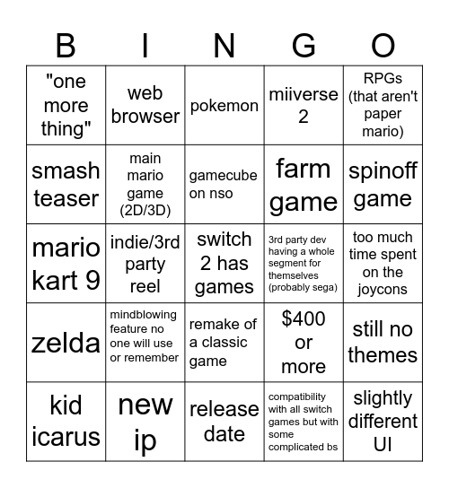 Nintendo Switch Dos Bingo Card