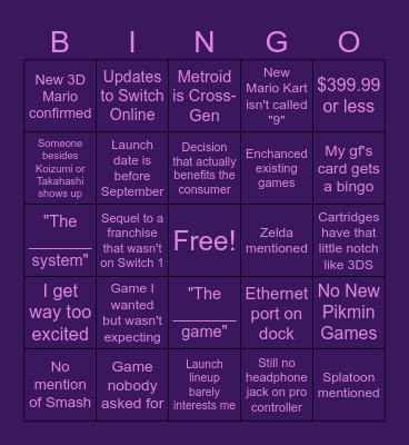 Switch 2 Direct Bingo Card