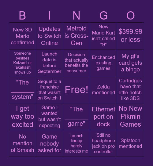 Switch 2 Direct Bingo Card