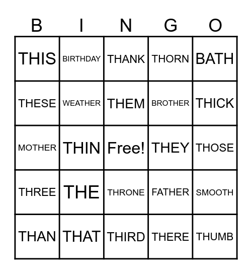 TH Digraphs Bingo Card