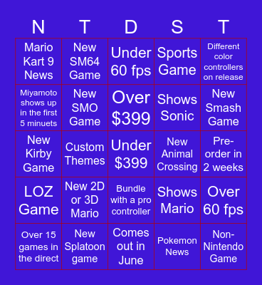 Nintendo Switch 2 Direct Bingo Card