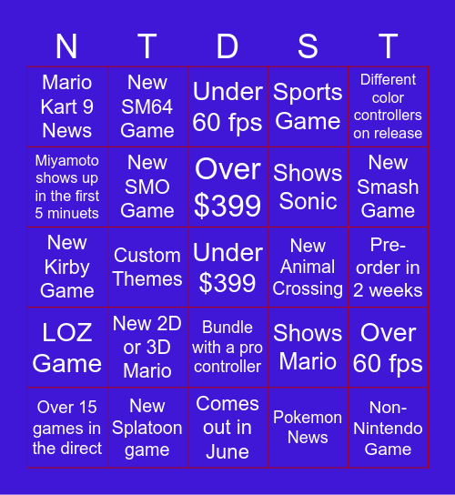 Nintendo Switch 2 Direct Bingo Card