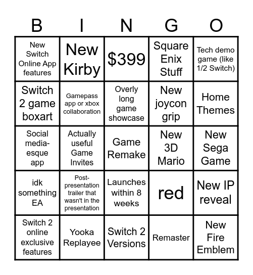 Switch 2 Direct Bingo Card