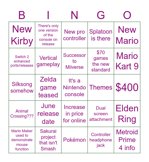Switch 2 Direct Bingo Card