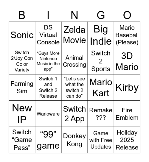 Switch 2 Direct of Doom Bingo Card