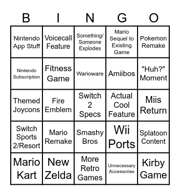 Switch 2 Bingo Card