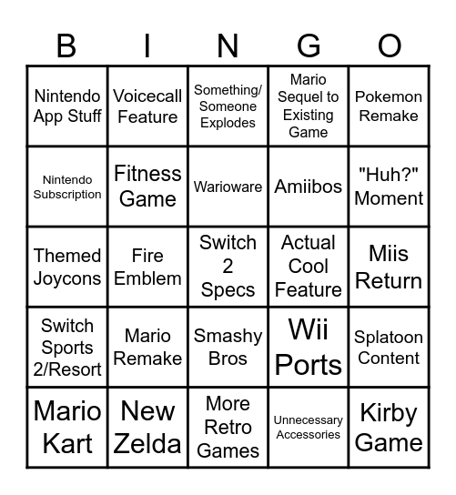Switch 2 Bingo Card