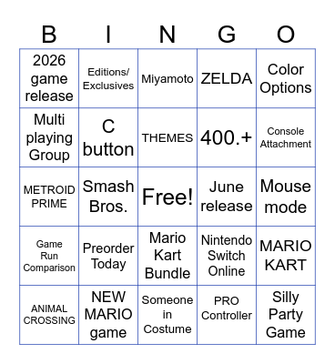 NINTENDO SWITCH 2 Bingo Card
