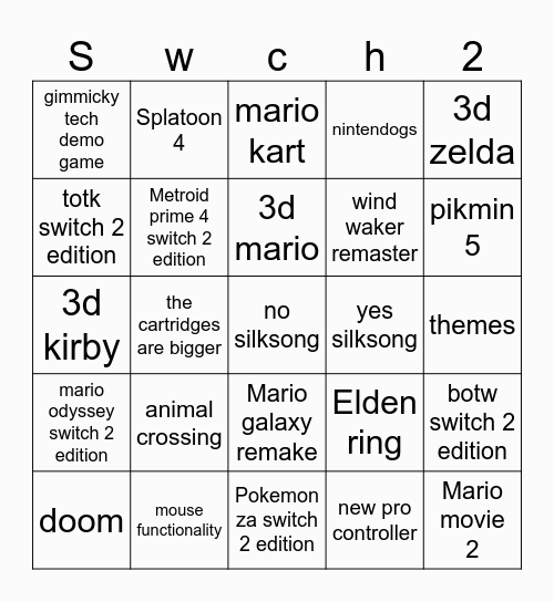 Switch 2 Bingo Card