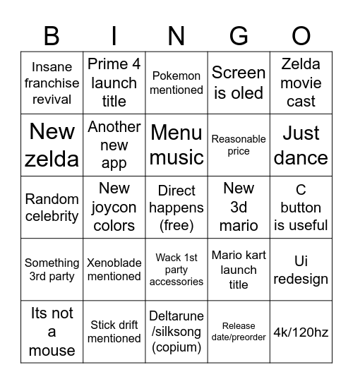 Nintendo direct A&T edition Bingo Card