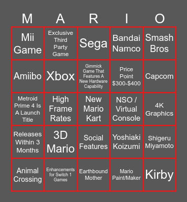 Nintendo Switch 2 Direct Bingo Card