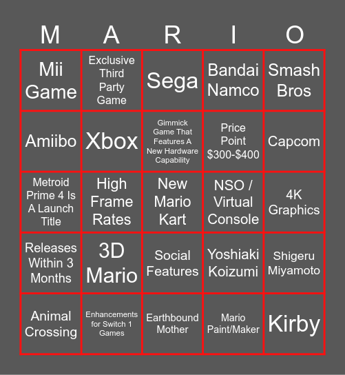 Nintendo Switch 2 Direct Bingo Card