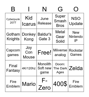 Nintendo Switch 2 Direct Bingo Card