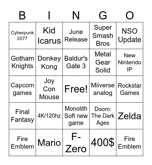 Nintendo Switch 2 Direct Bingo Card