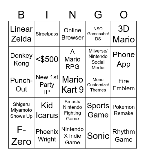 Nintendo Switch 2 Bingo Card