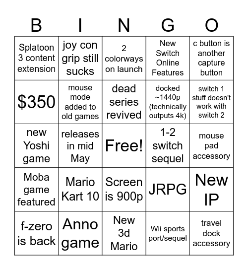 Kevin's Switch 2 Direct Bingo Card