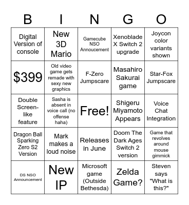 Nintendo Switch 2 Direct Bingo Card
