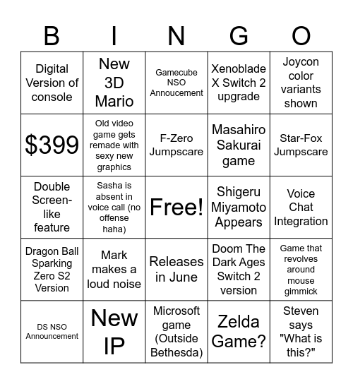 Nintendo Switch 2 Direct Bingo Card