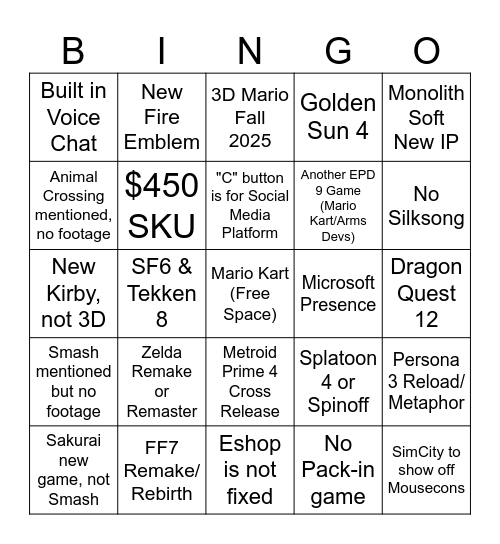 Switch 2 Bingo Card Bingo Card