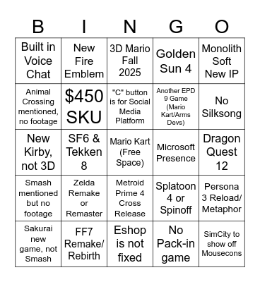 Switch 2 Bingo Card Bingo Card