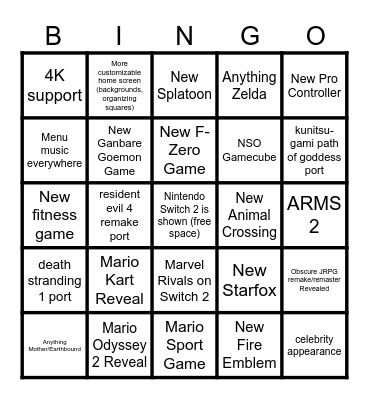 Griff's Nintendo Switch 2 Predictions Bingo Card