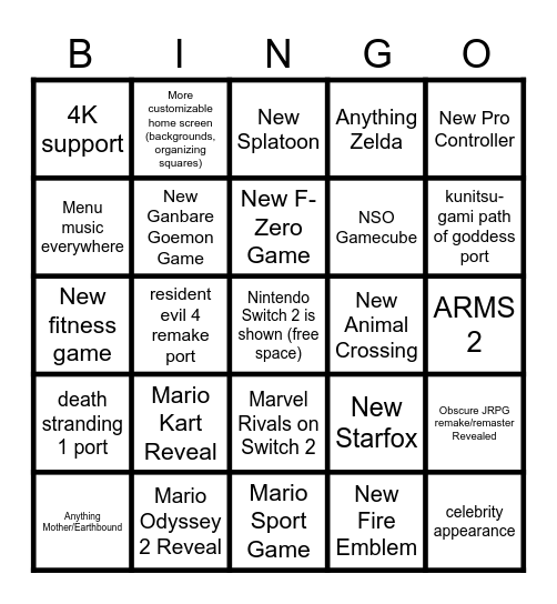 Griff's Nintendo Switch 2 Predictions Bingo Card