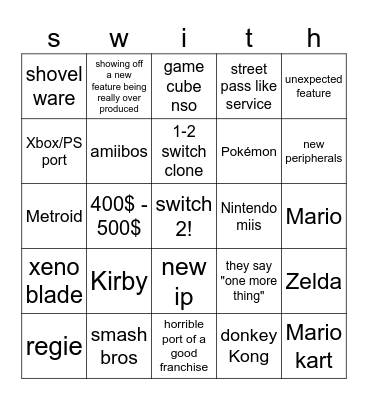 1-2- switch Bingo Card