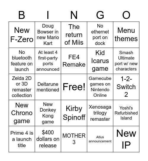 Switch 2 Direct Bingo Card