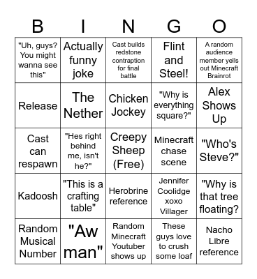 Minecraft Movie Bingo Card