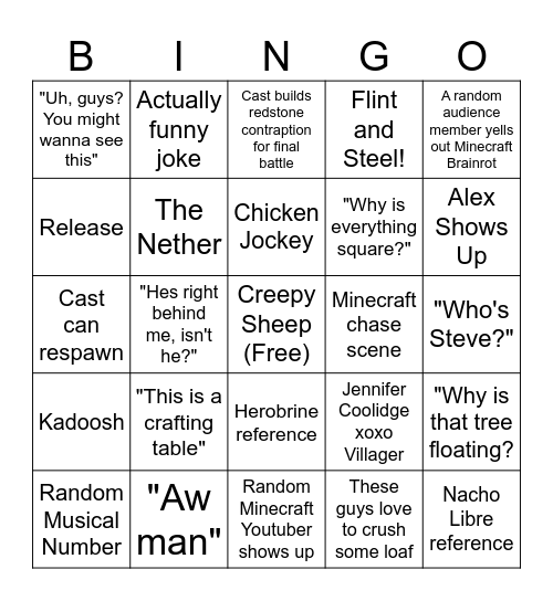 Minecraft Movie Bingo Card