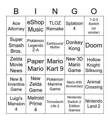 Nintendo Switch 2 Direct Bingo Card