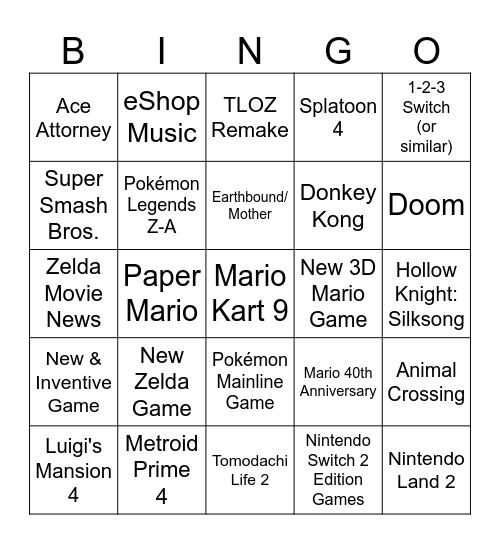Nintendo Switch 2 Direct Bingo Card