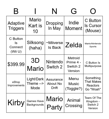 Nintendo Switch 2 Direct Bingo Card